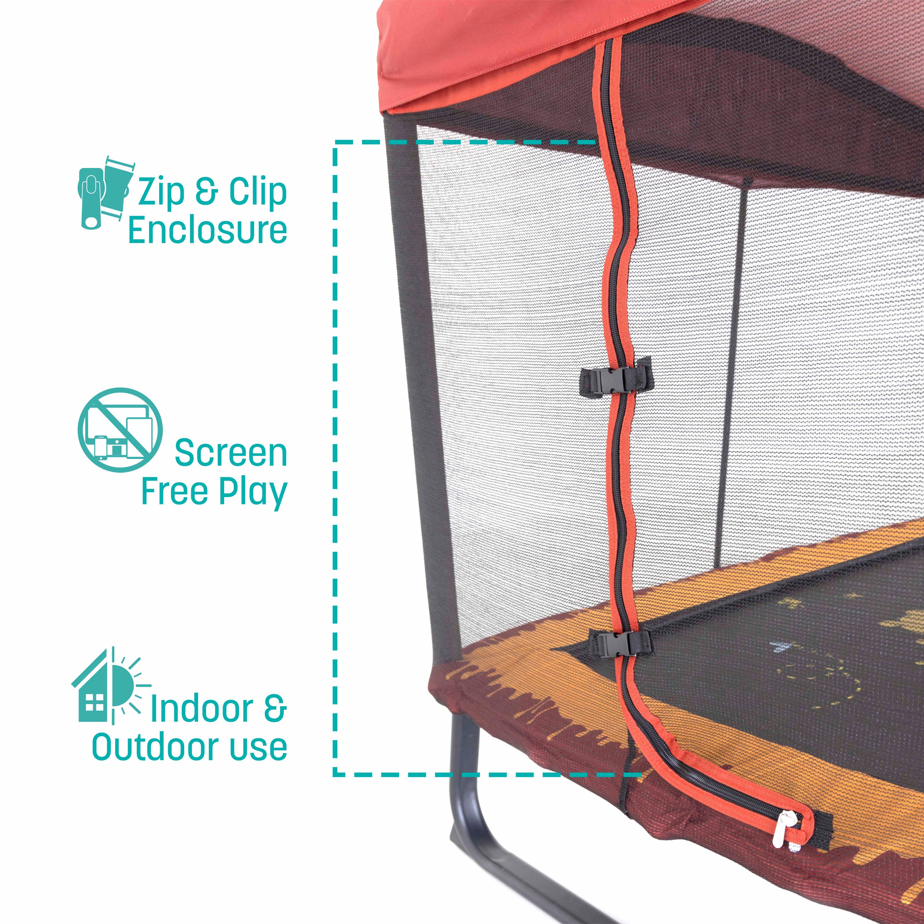 The trampoline has a red and black zipper. Three teal callout features state, “Zip & Clip Enclosure, Screen Free Play, Indoor & Outdoor use”.