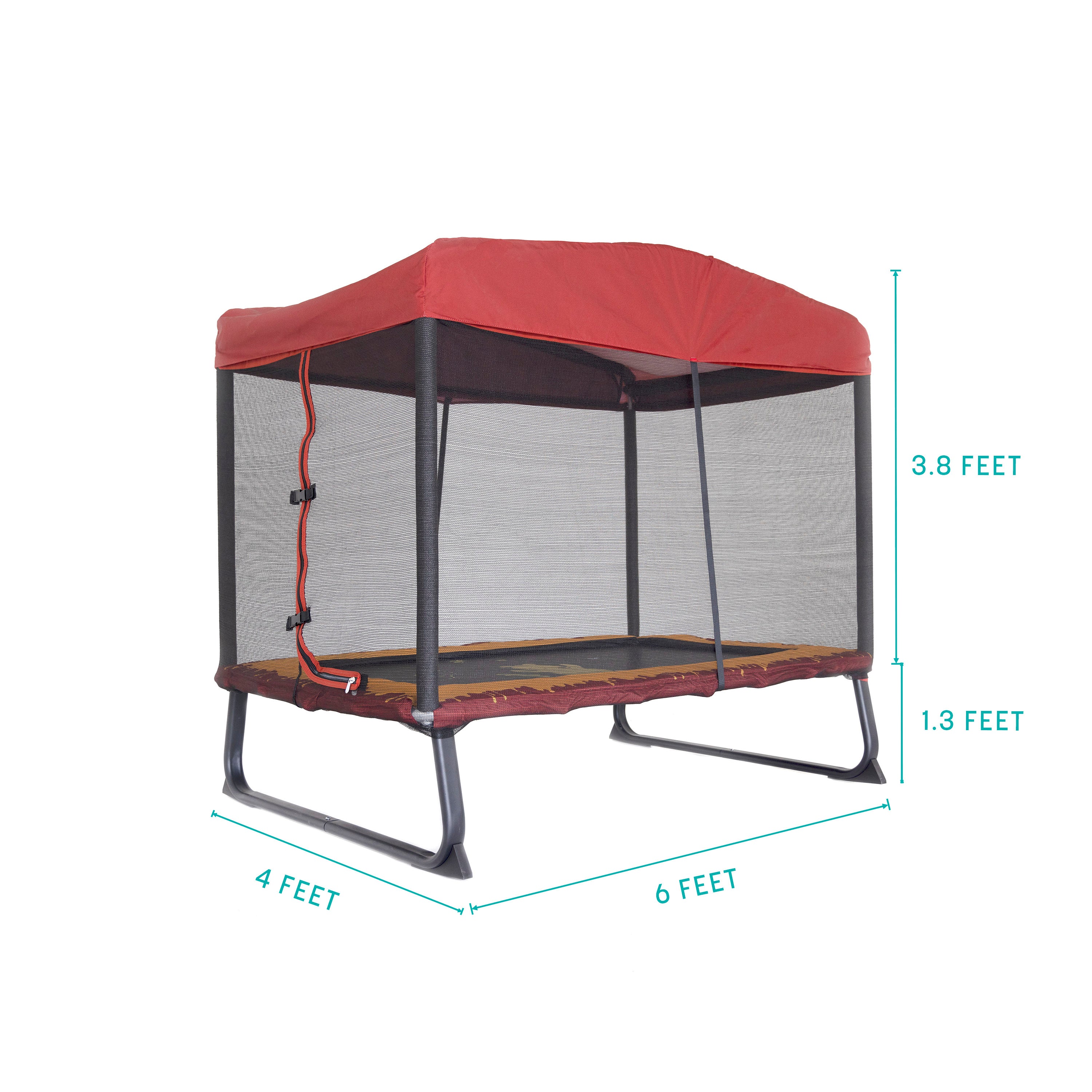 The rectangle trampoline is 4 feet wide, 6 feet long, 1.3 feet from ground to frame, and 3.8 feet from frame to top of canopy.