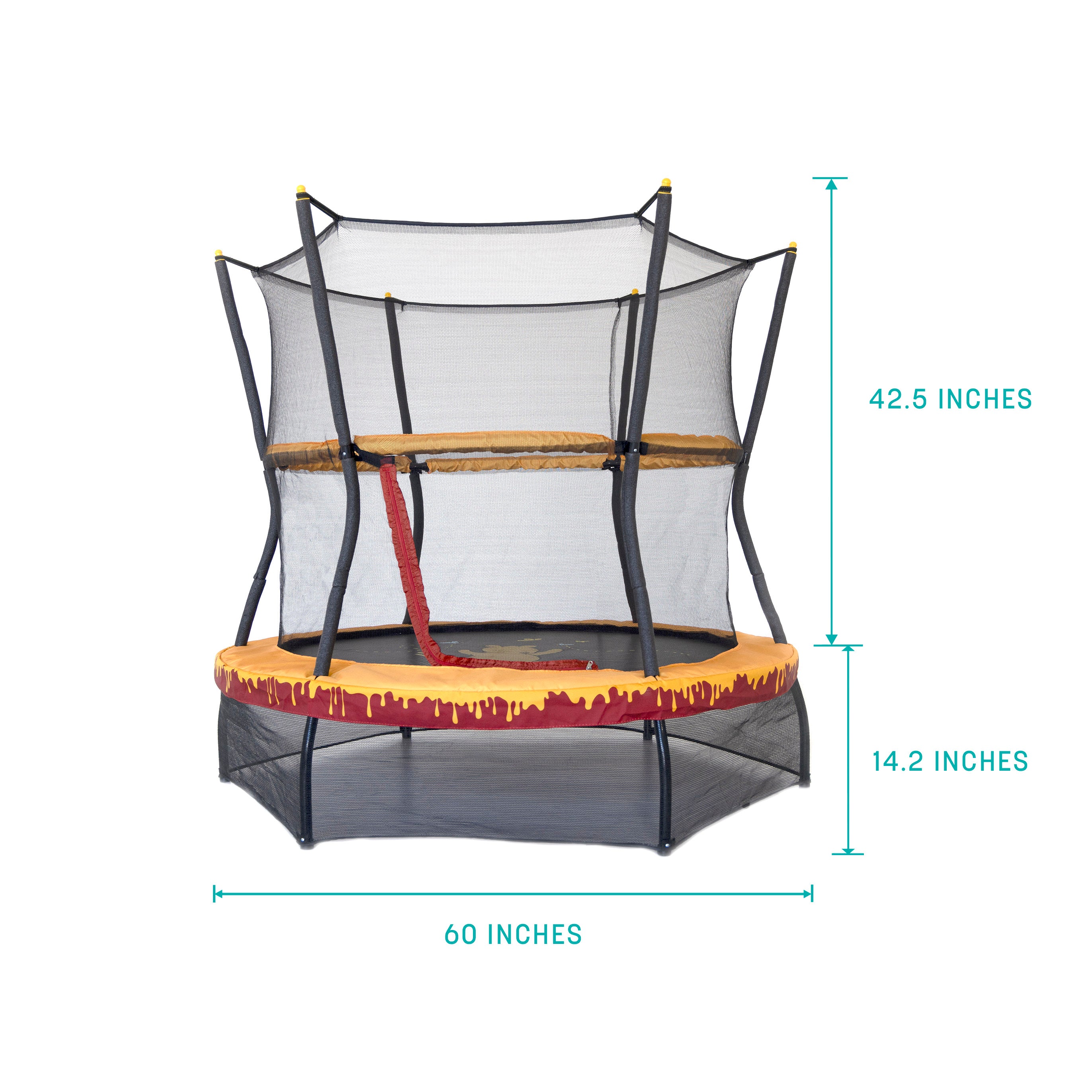 The mini toddler trampoline is 60 inches wide, 14.2 inches tall from ground to frame, and 42.5 inches tall from frame to top of enclosure.