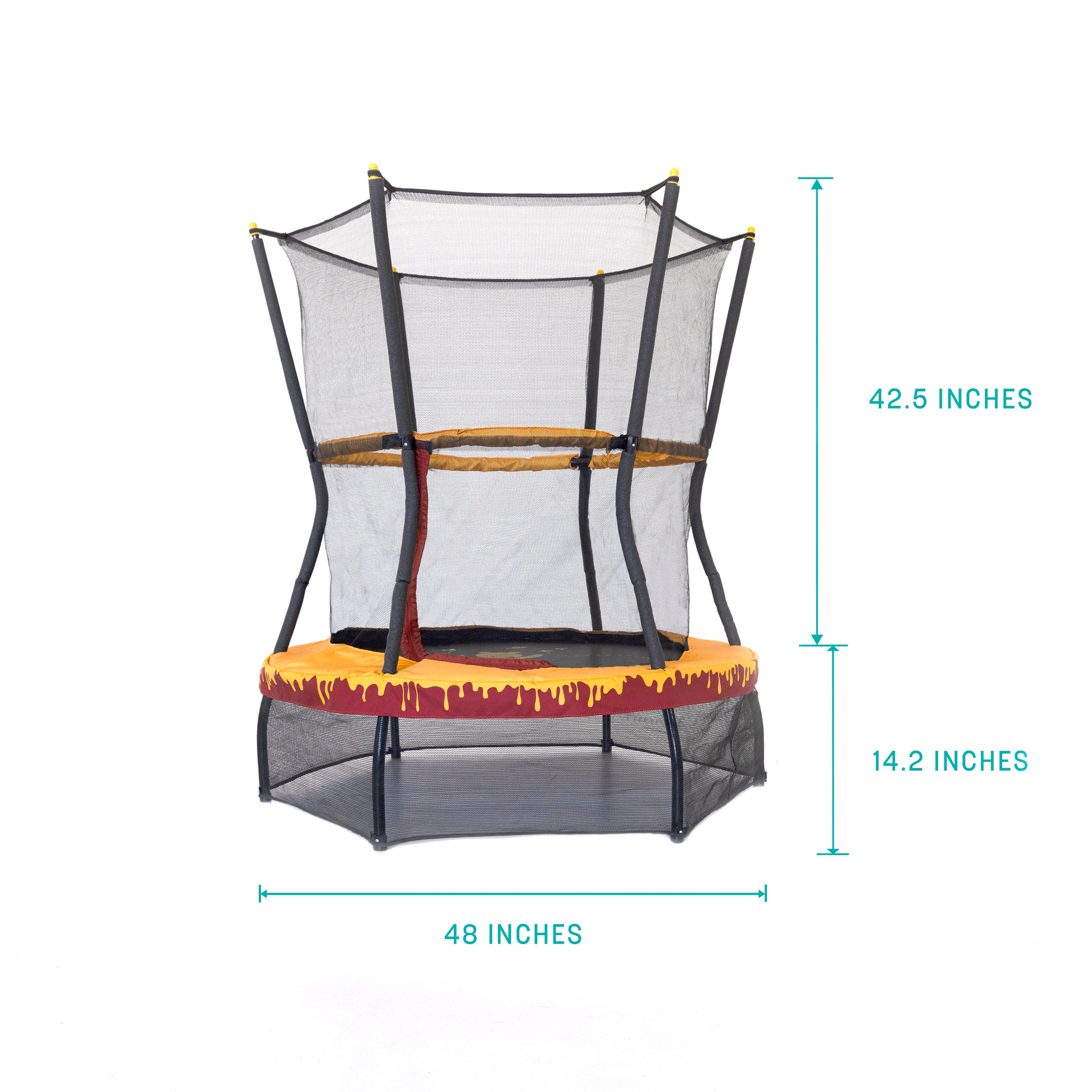 The Winnie the Pooh trampoline is 48” wide, 14.2” from the ground to the jump mat, and 42.5” from the frame to the top of the enclosure.