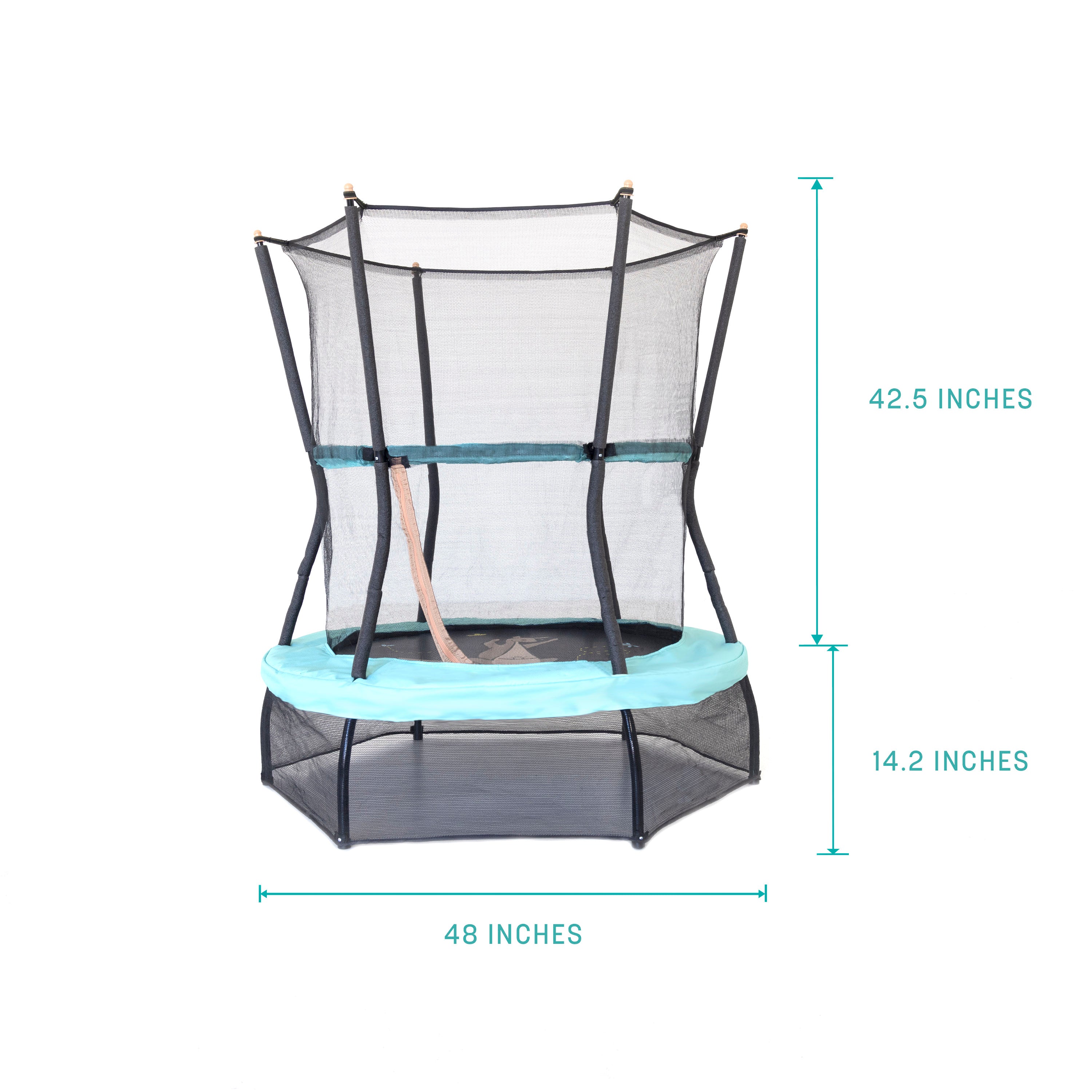 The Kanga toddler trampoline is 48” wide, 14.2” tall from ground to jump mat, and 42.5” tall from jump mat to top of enclosure net.