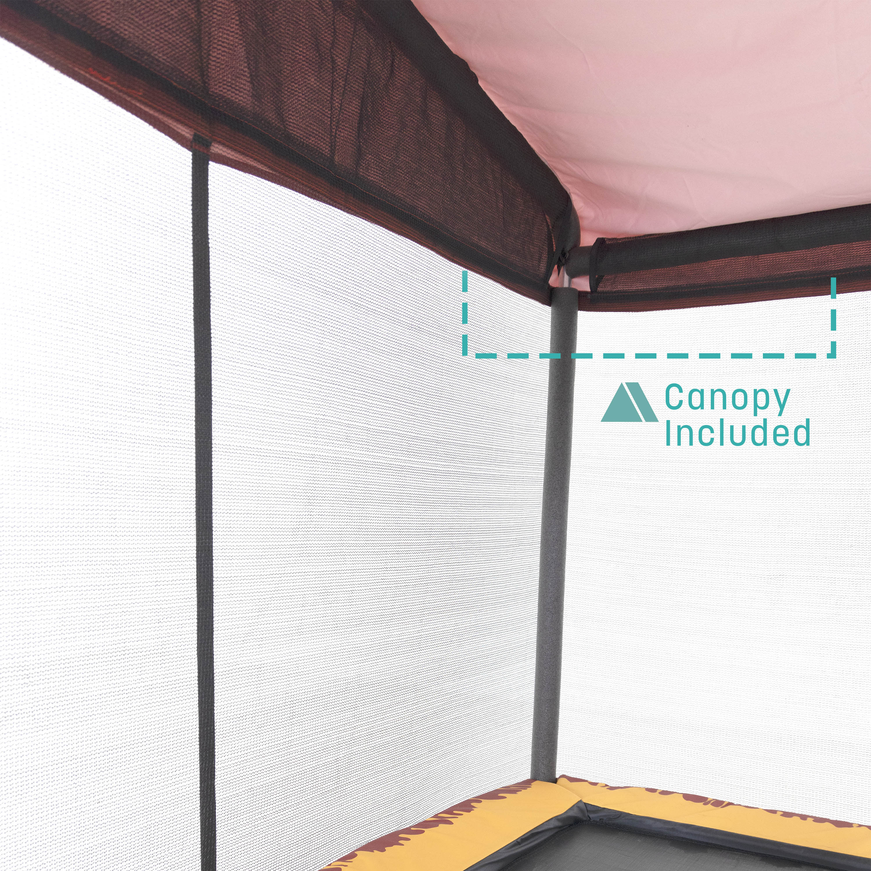 An inside view of the trampoline. A teal callout feature states, “Canopy Included”.