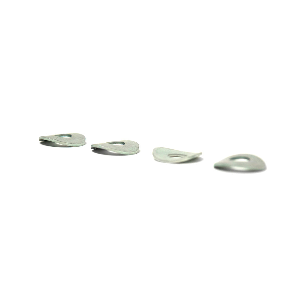 Four M8 arc washers lying in a row, with one washer upside down.