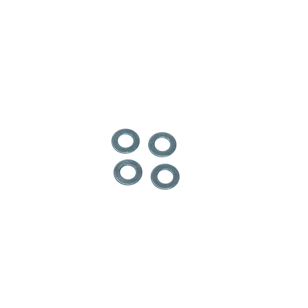 Four dark colored washers used for fitness trampolines.