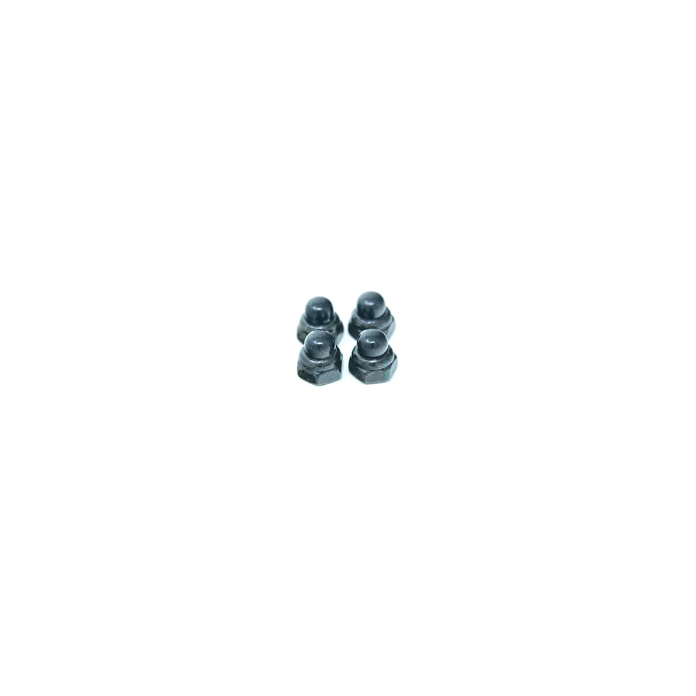 Four black M6 cap nuts sitting together.