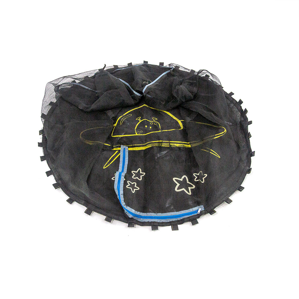 60-inch mini trampoline jump mat features a cute alien design.