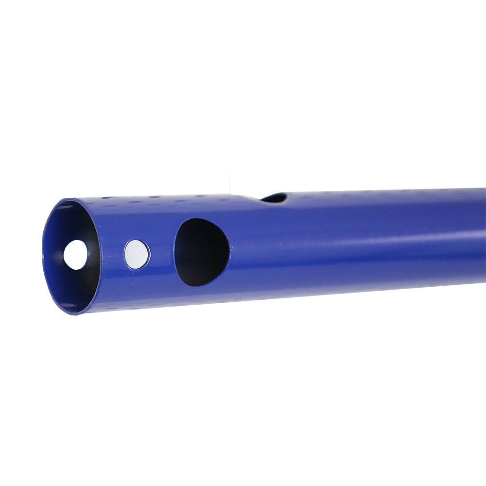 Blue side upright pole has multiple holes in it to help connect other pieces.
