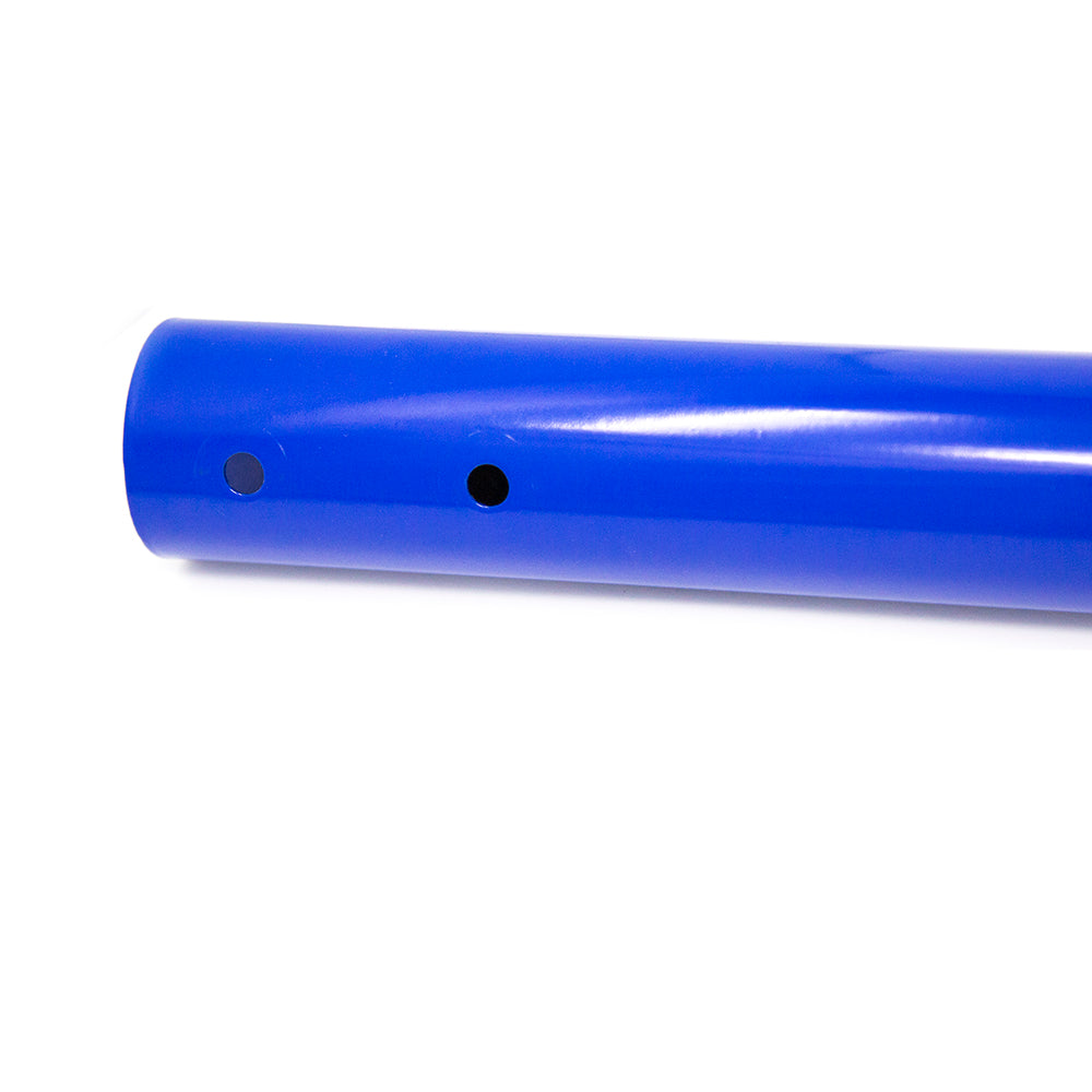 Blue powder-coated steel connect tube.