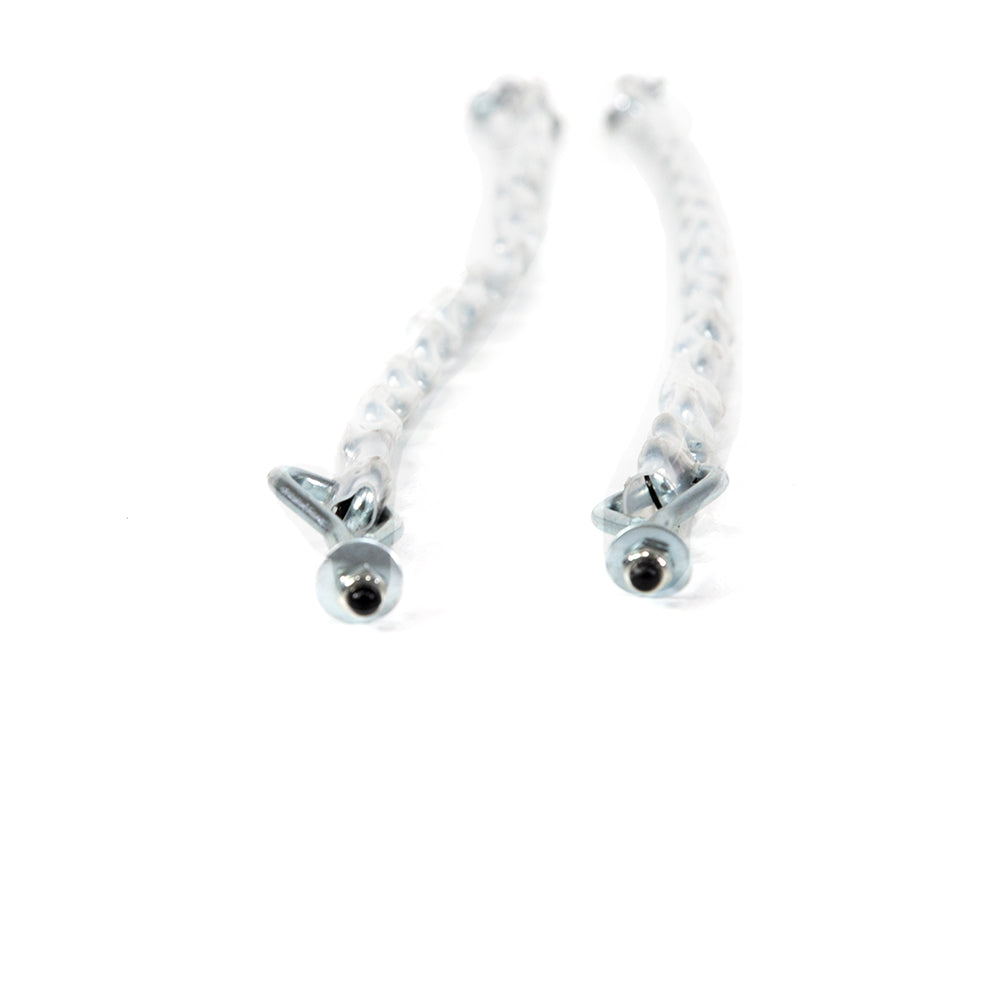 Two long pieces of rust-resistant steel chain.