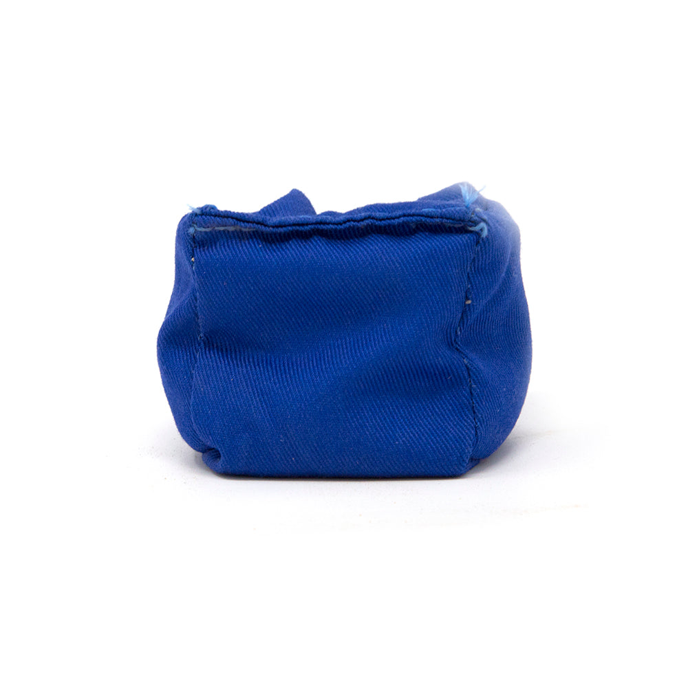 Blue bean bag used with trampoline toss games.