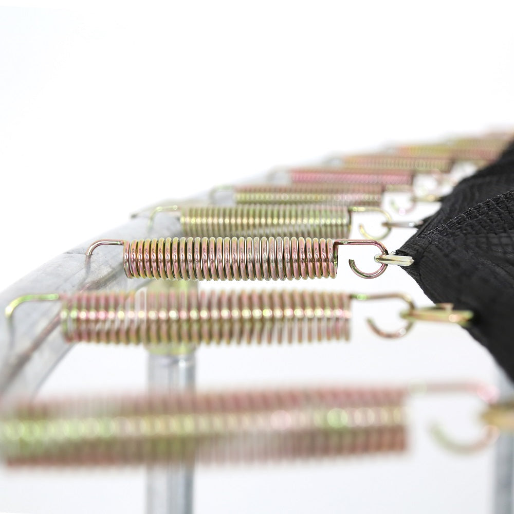 Close up view of the trampoline's shiny springs made from galvanized steel.