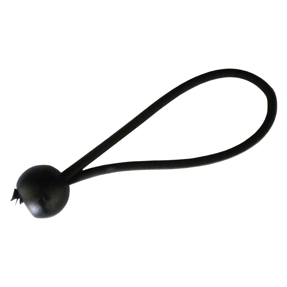 Black elastic band with a black plastic ball on one end.