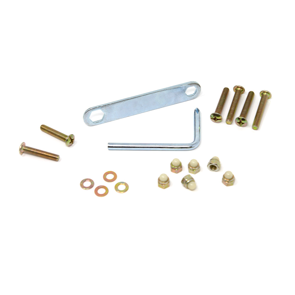 Hardware pack includes wrench, screwdriver, bolts, washers, and cap nuts.