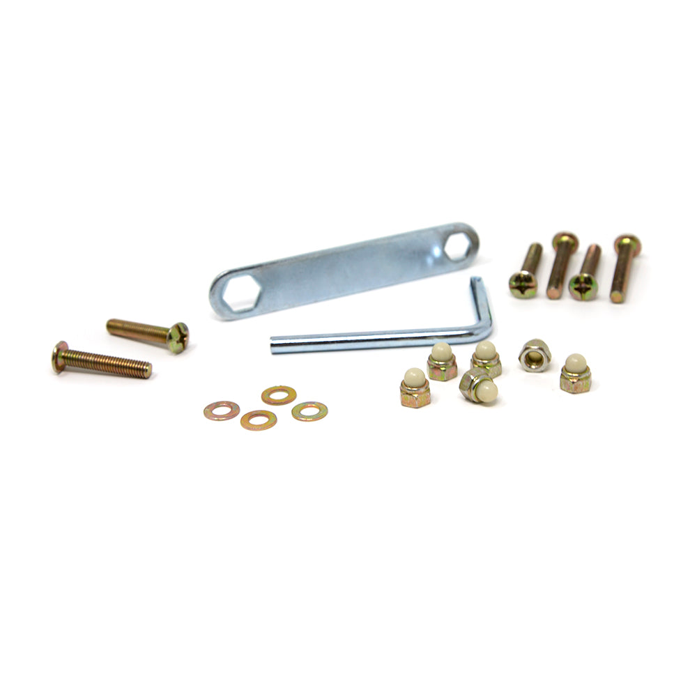 Wrench and screwdriver are silver-colored, and bolts, washers, and cap nuts are golden-colored.