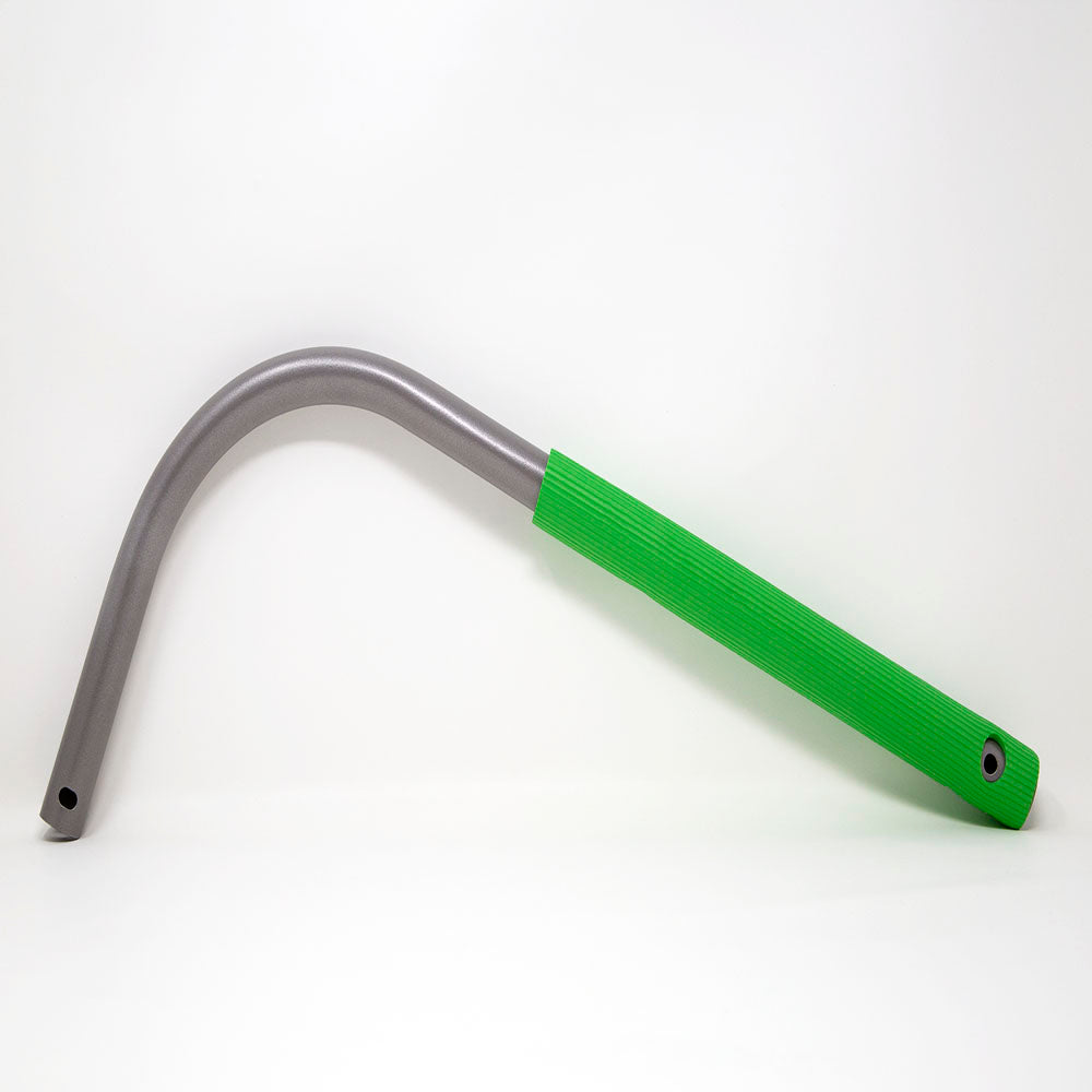 Replacement handlebar piece is made out of gray powder-coated steel with green foam over it.