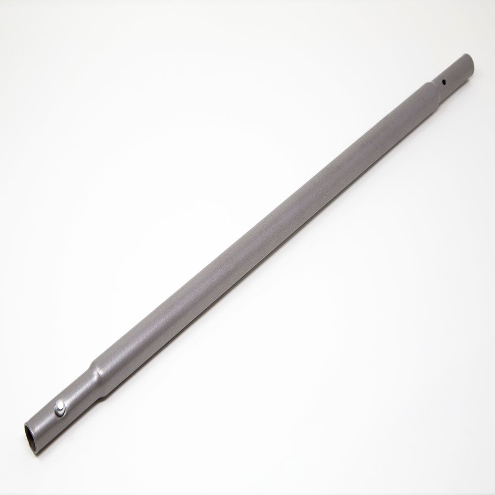 A straight steel tube with a button on one end and a hole on the other end.