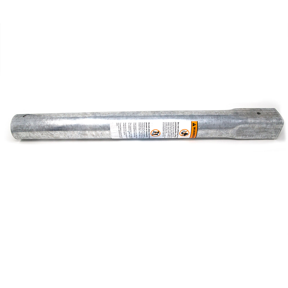 Straight leg extension has orange and white warning label on it.
