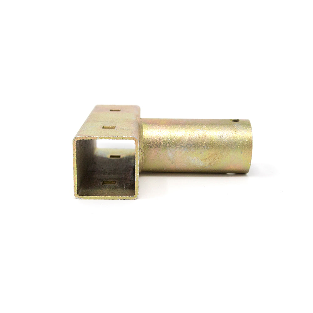 Steel T-joint lying on its side so you can see through it.