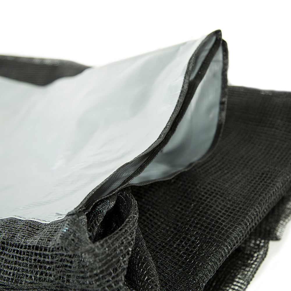 Close-up of gray portion of enclosure net.