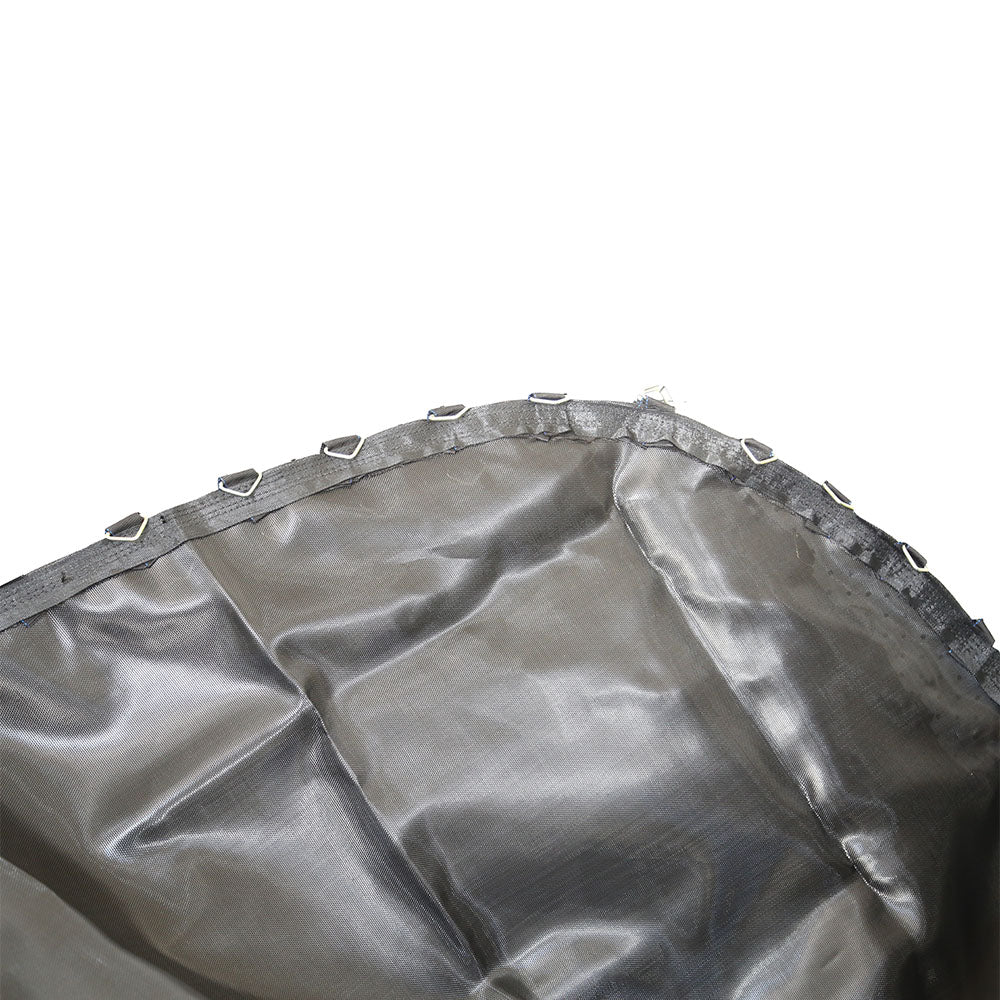 The 13-foot square jump mat is lined with 84 V-rings around its edges.