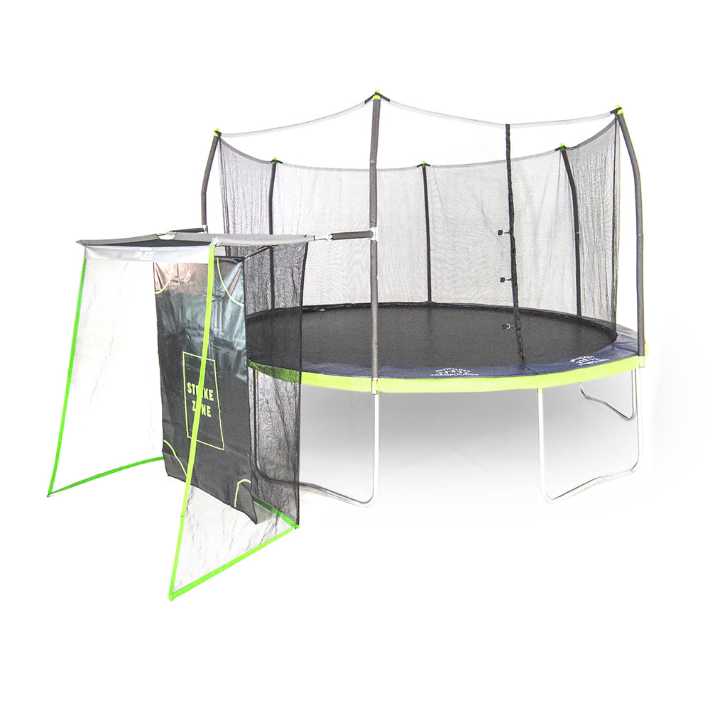 The 15-foot oval kids trampoline with dual color spring pad and sports net accessory.