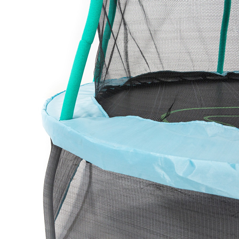 Light blue frame pad sits between lower and upper enclosure nets. Seafoam green enclosure poles go through frame pad.