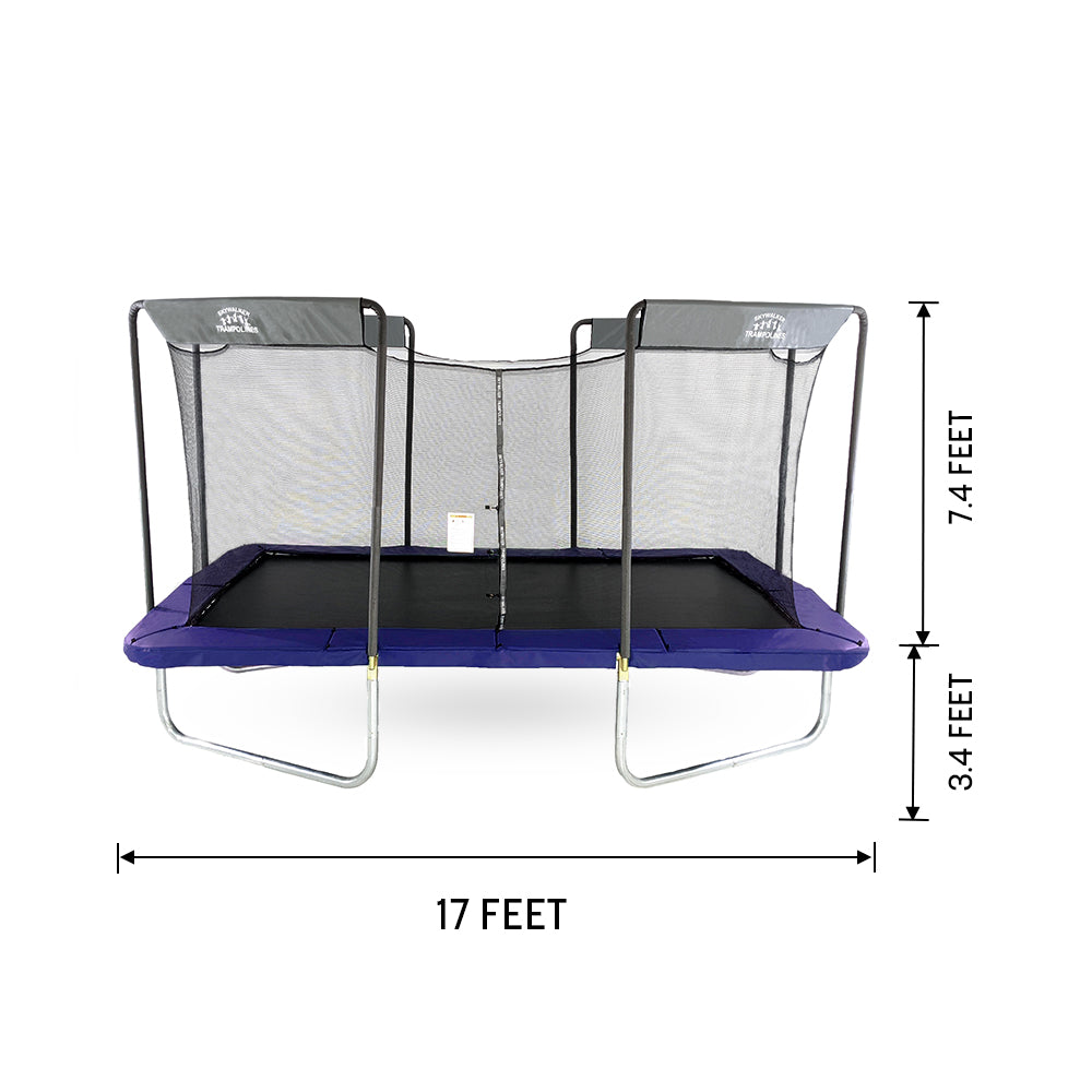 This premium trampoline is 17 feet long, 3.4 feet tall from ground to top of frame, and 7.4 feet tall from frame to top of enclosure.