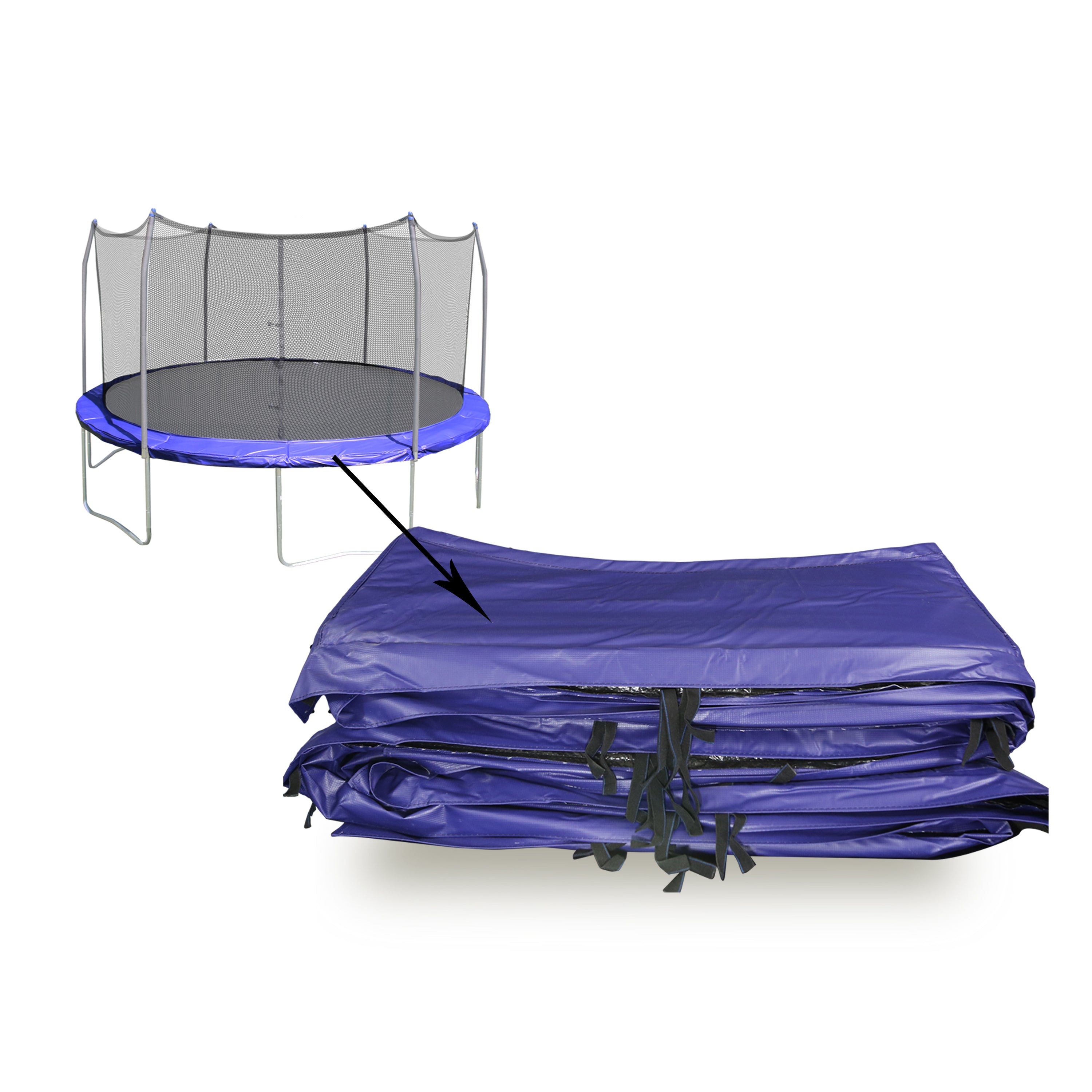 The blue UV-resistant spring pad covers the springs of a 12-foot round trampoline.