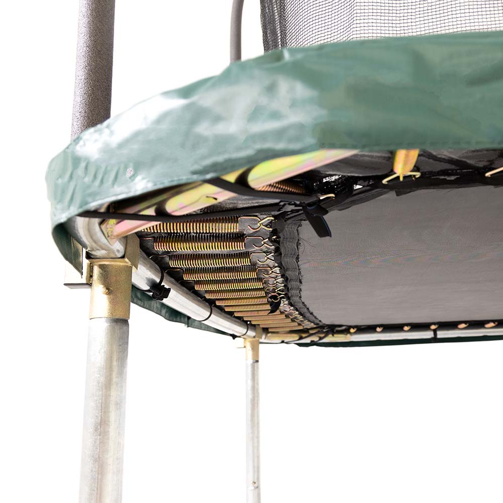 Underneath view of the 8-by14-foot rectangle trampoline shows the jump mat, frame, and springs.