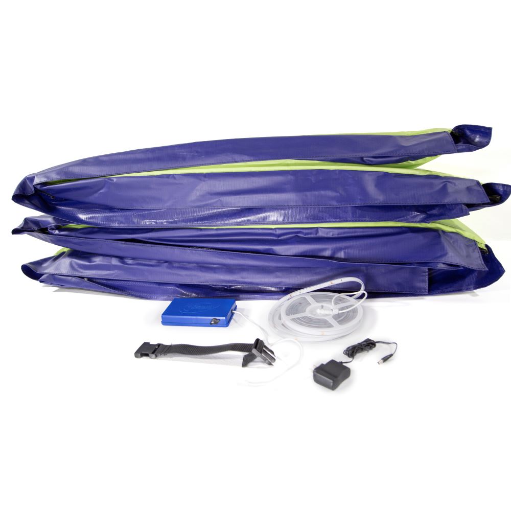 Kit includes 12-foot round spring pad, LED lights, battery pack, and charging cord.