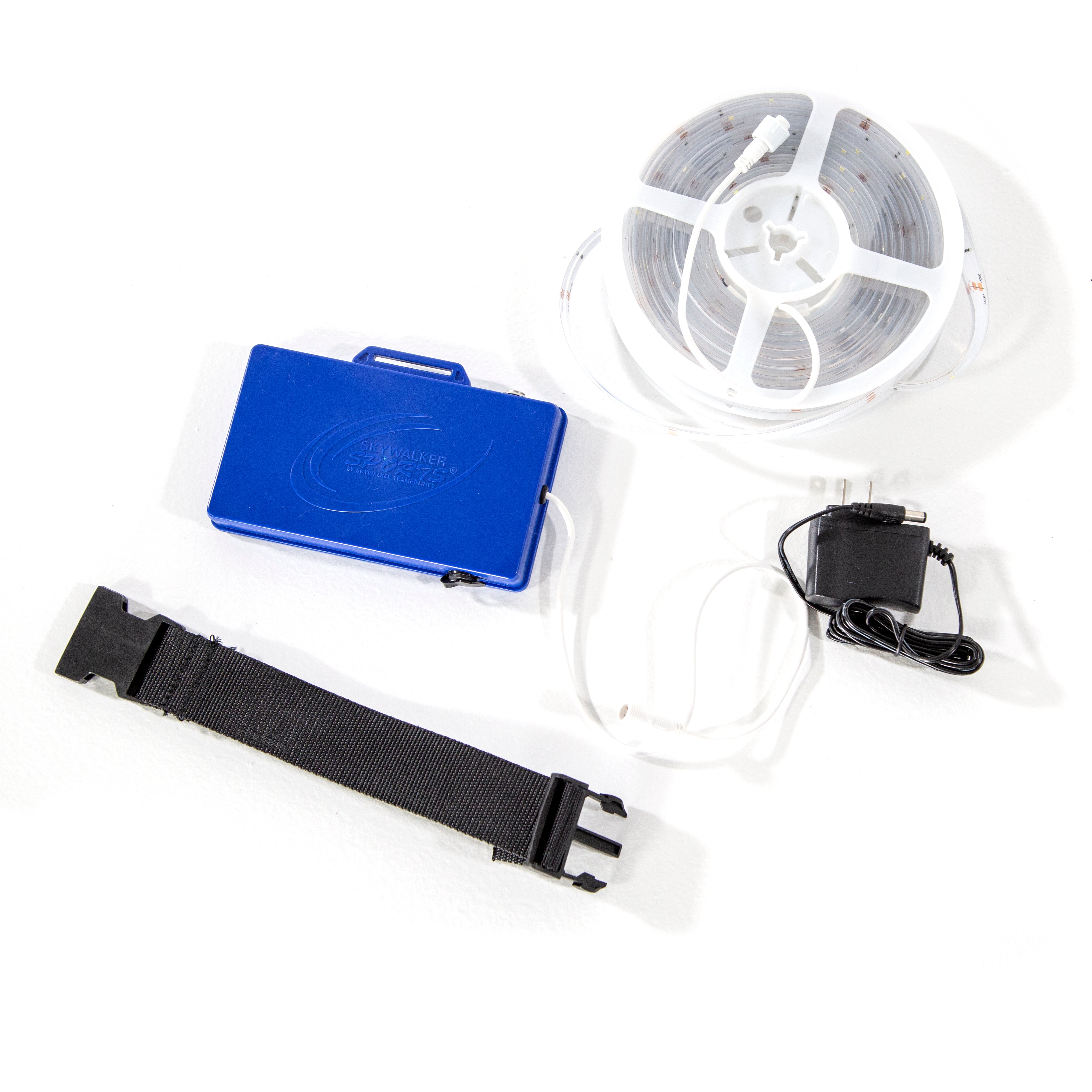 Black charging cord, blue battery pack, white LED light strip, and black buckle strap.