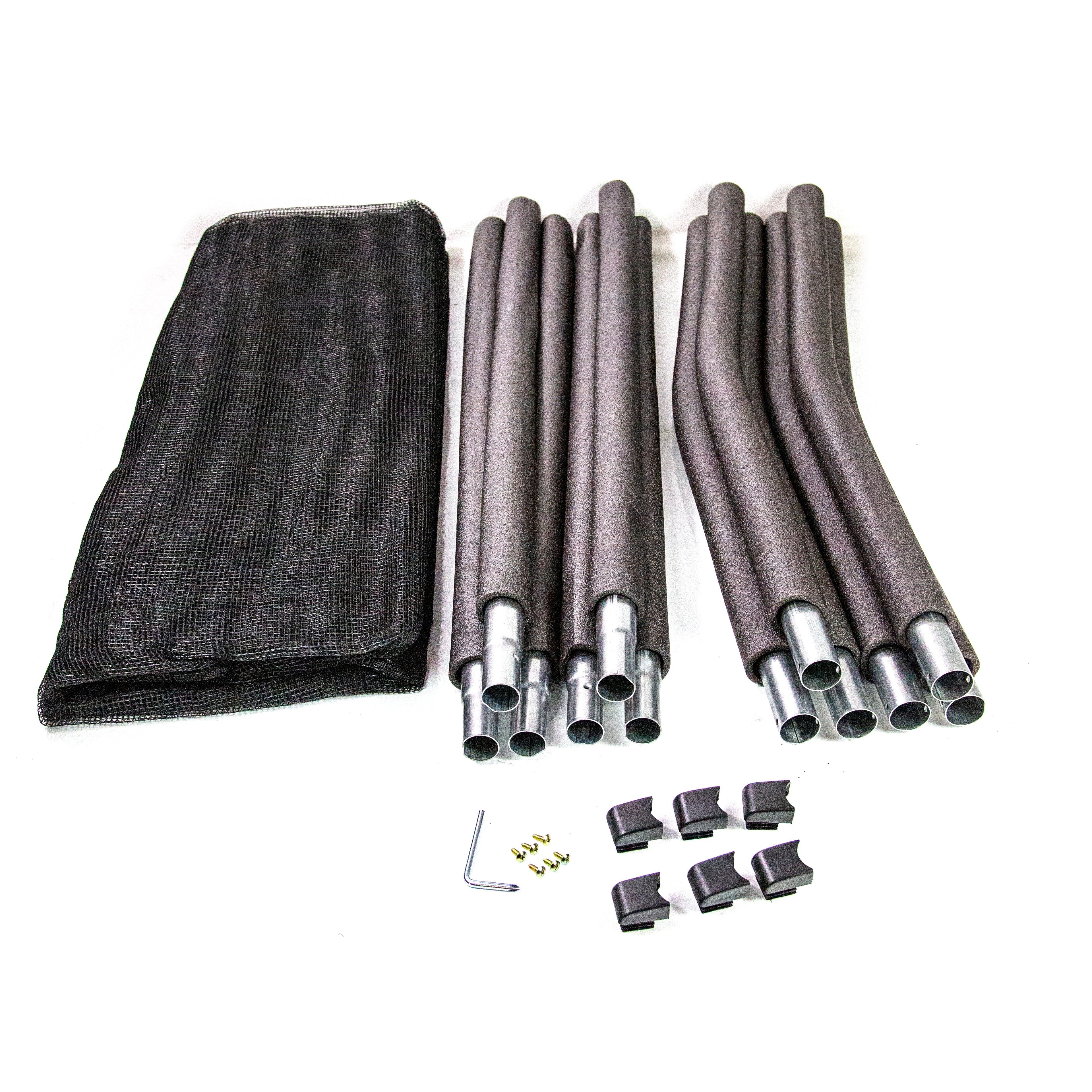 Enclosure net, end caps, hardware, and enclosure poles with foam on them.