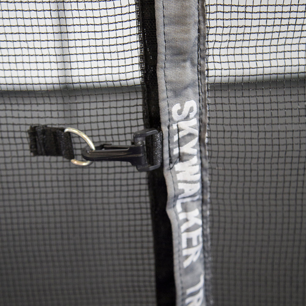 The words "Skywalker Trampolines" are printed onto the trampoline enclosure's zipper.