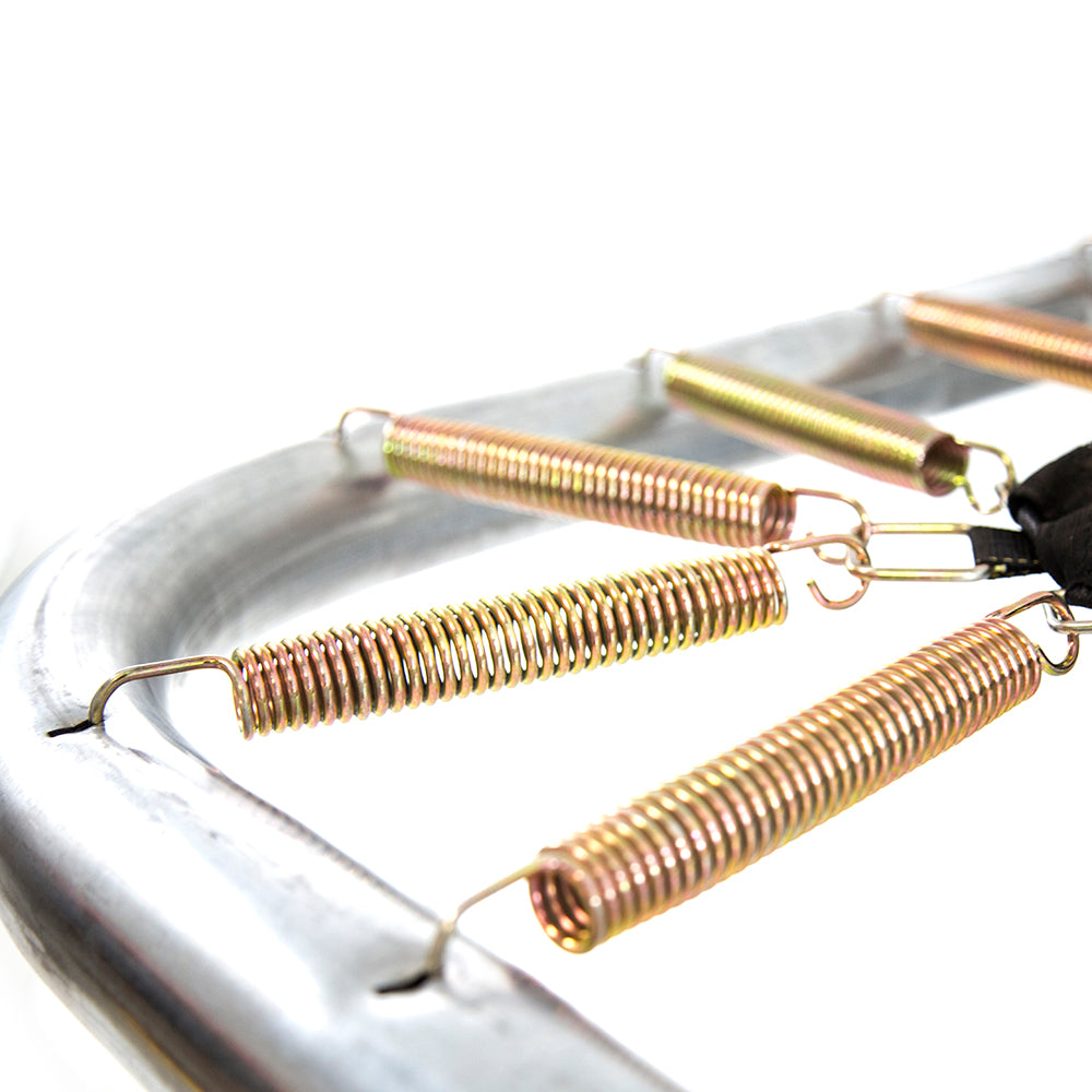 Square jump mats have D-rings in the corner to accommodate for two springs.