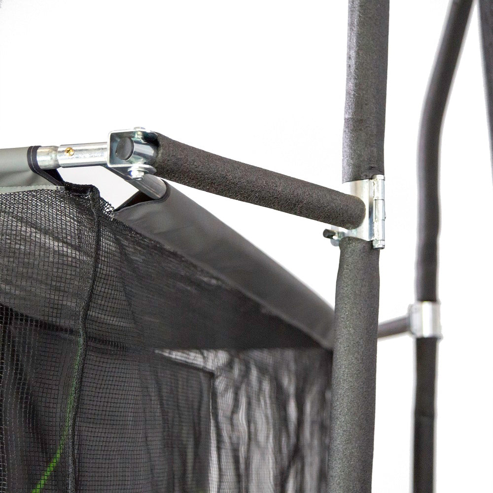 Close view of the steel pole that secures the Multi-Sport Training Net to the trampoline.