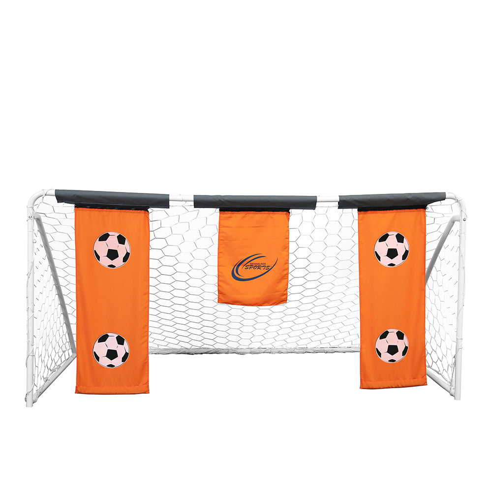 The 9' by 5' Soccer Goal has a white frame, white netting, and orange targeting practice banners.