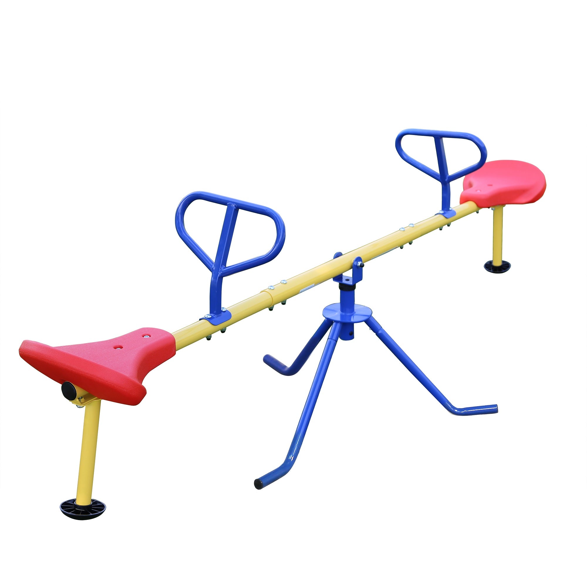 Red, yellow, and blue swivel Teeter Totter with tripod base.
