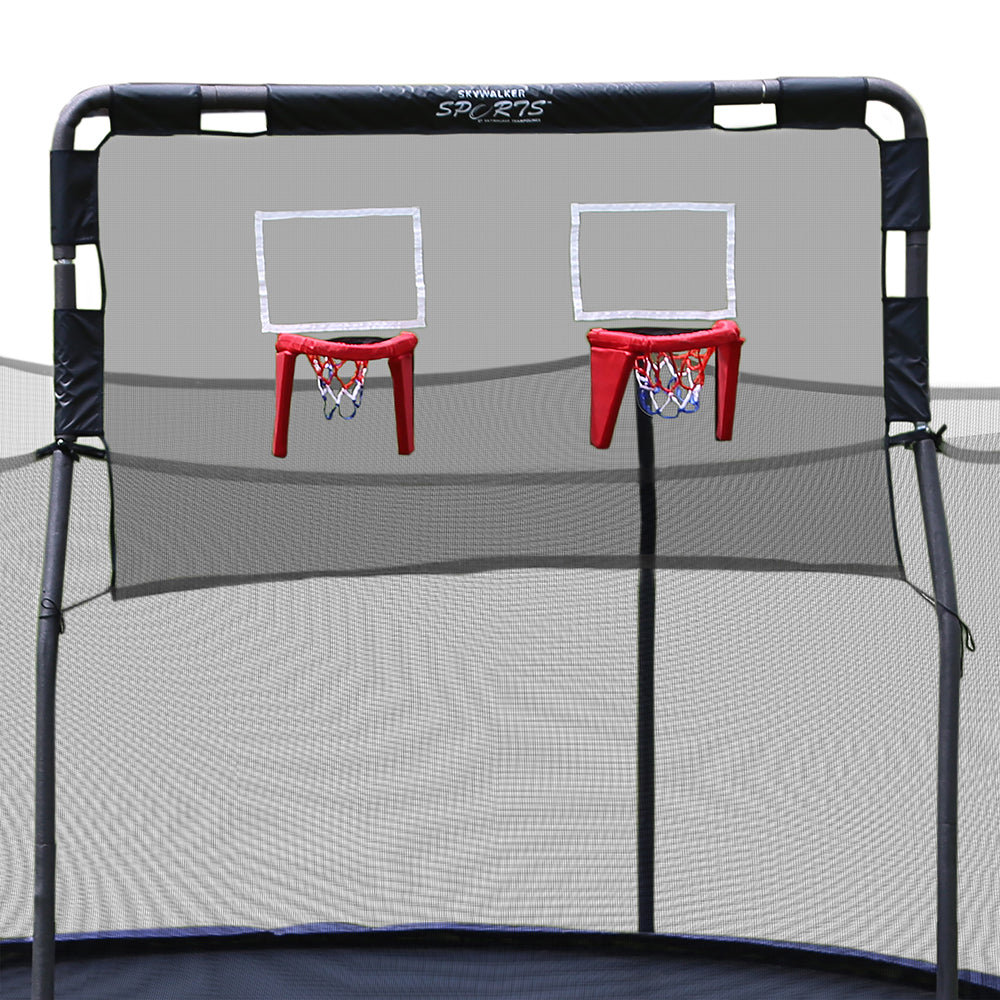 The double basketball hoop game has black netting; gray foam; and a red, white, and blue basketball hoop.