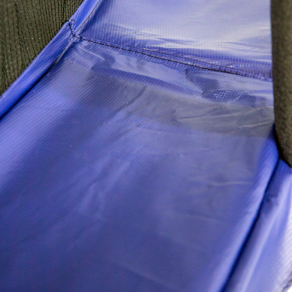 Soft, vinyl-coated blue spring pad is connected to black enclosure net.