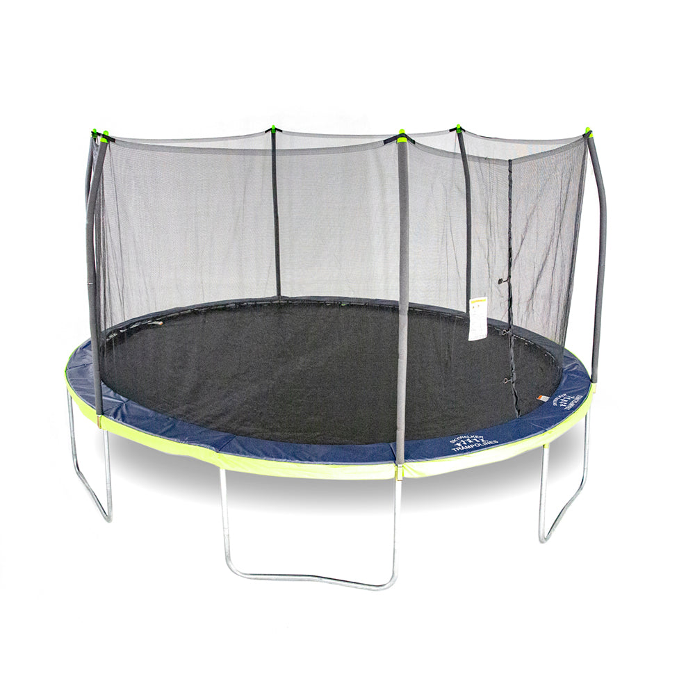 Oval kids trampoline with black jump mat, a blue and lime green two-toned spring pad, and lime green pole caps.