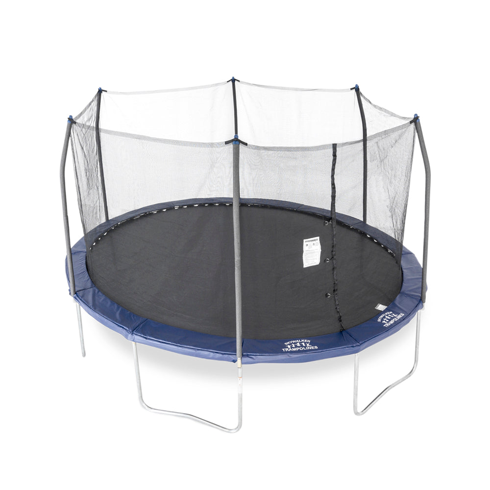 The 15-foot oval kids trampoline with navy spring pad and navy pole caps.