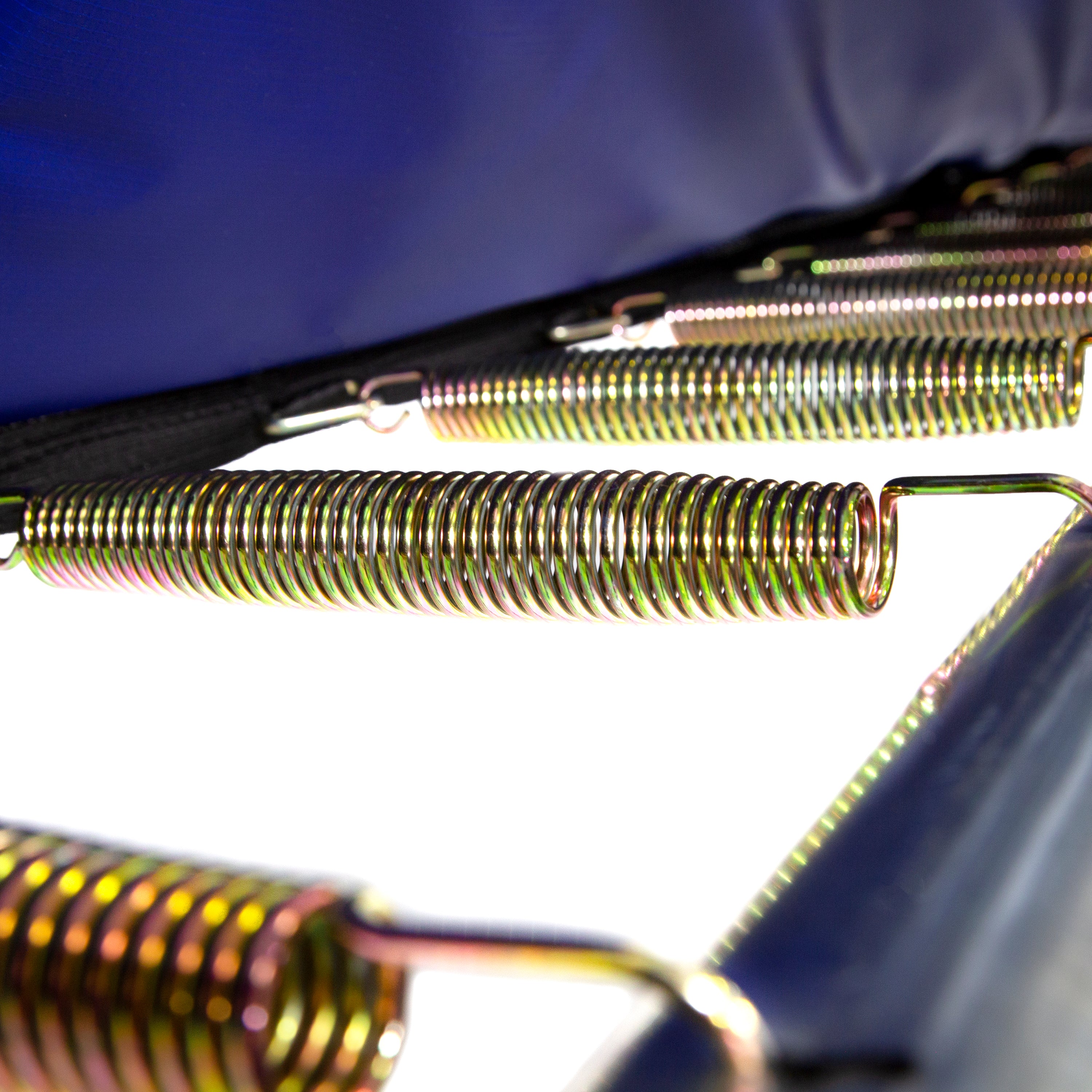 Spring pad is pulled away to reveal extra-large shiny springs that are attached to the jump mat and metal frame.