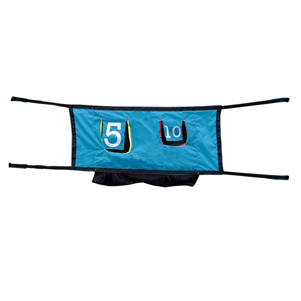 Teal double toss game designed for 7.5-foot round trampolines.