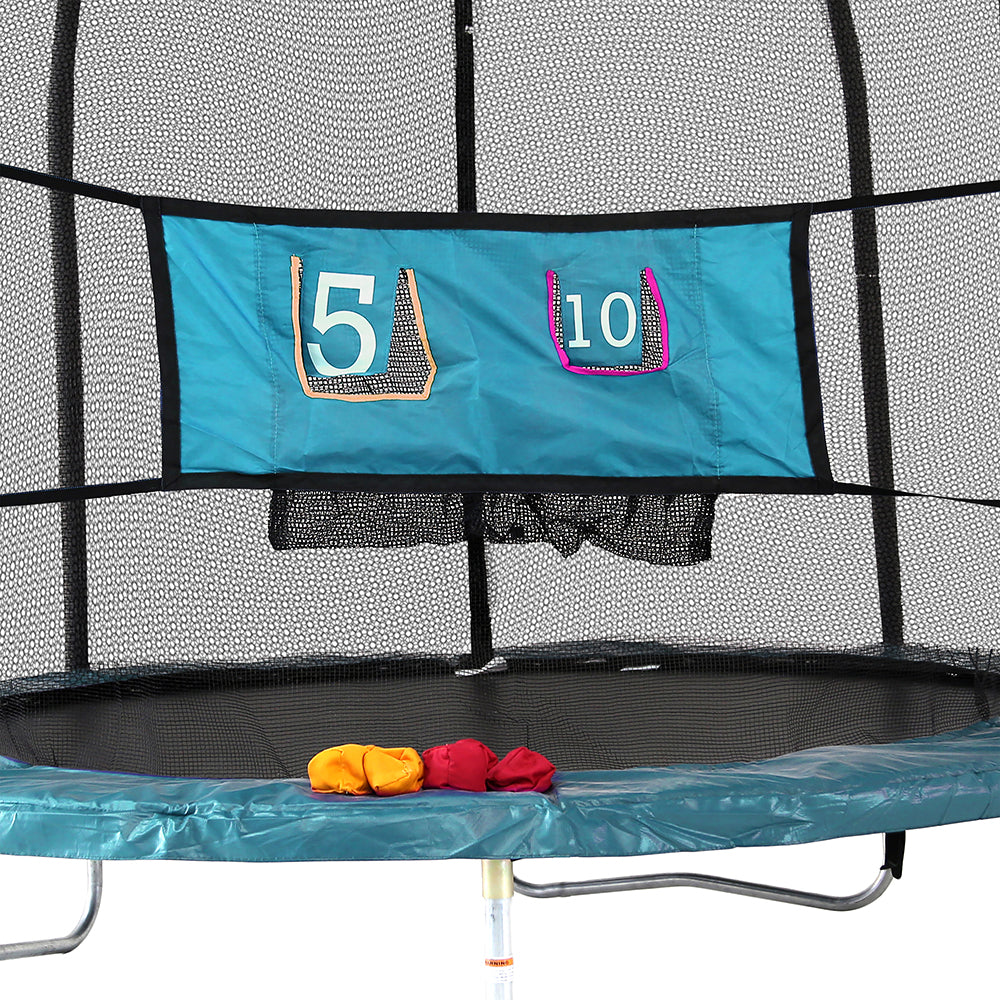 View of the teal double toss game on a trampoline.