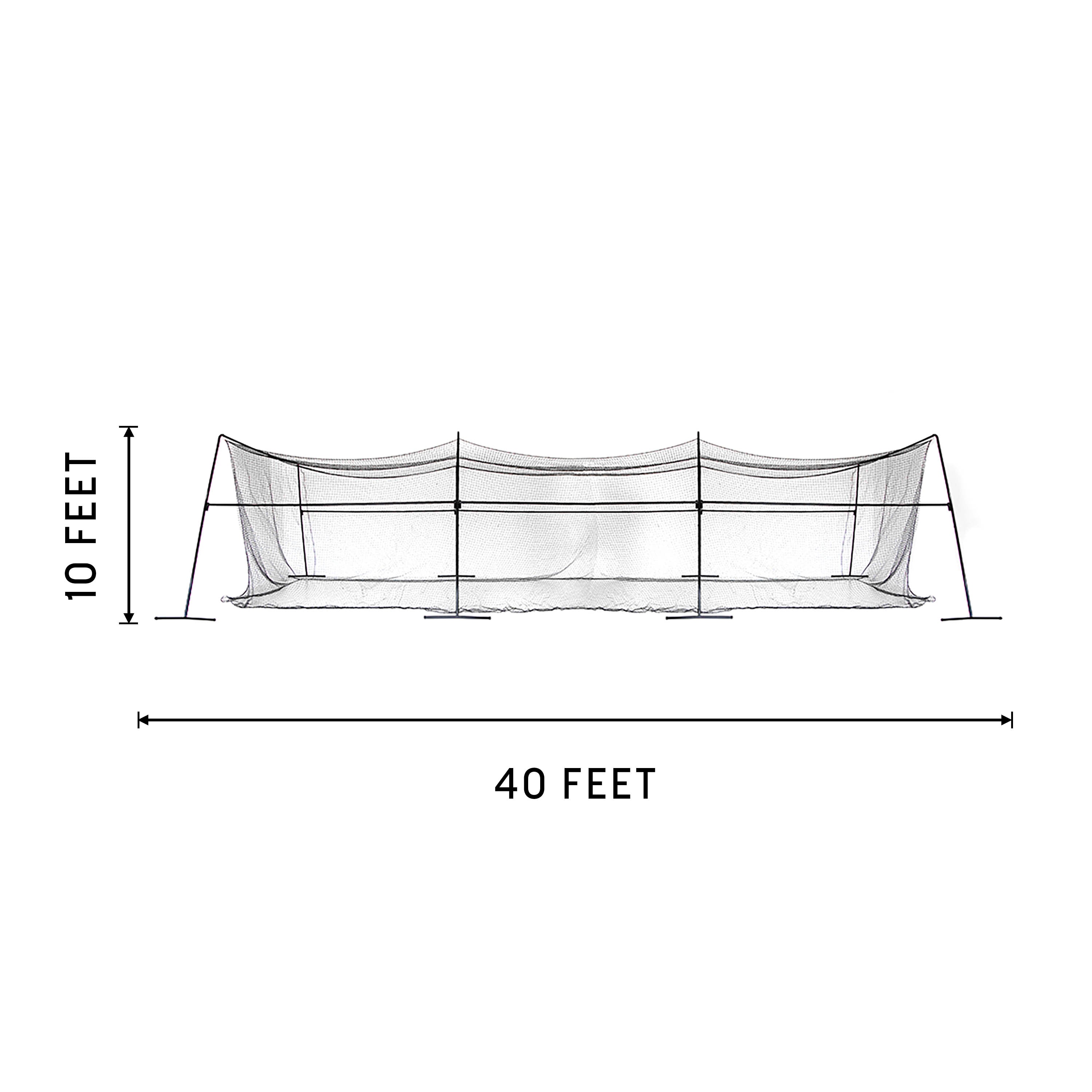 The batting cage is 40 feet long and 10 feet tall. 