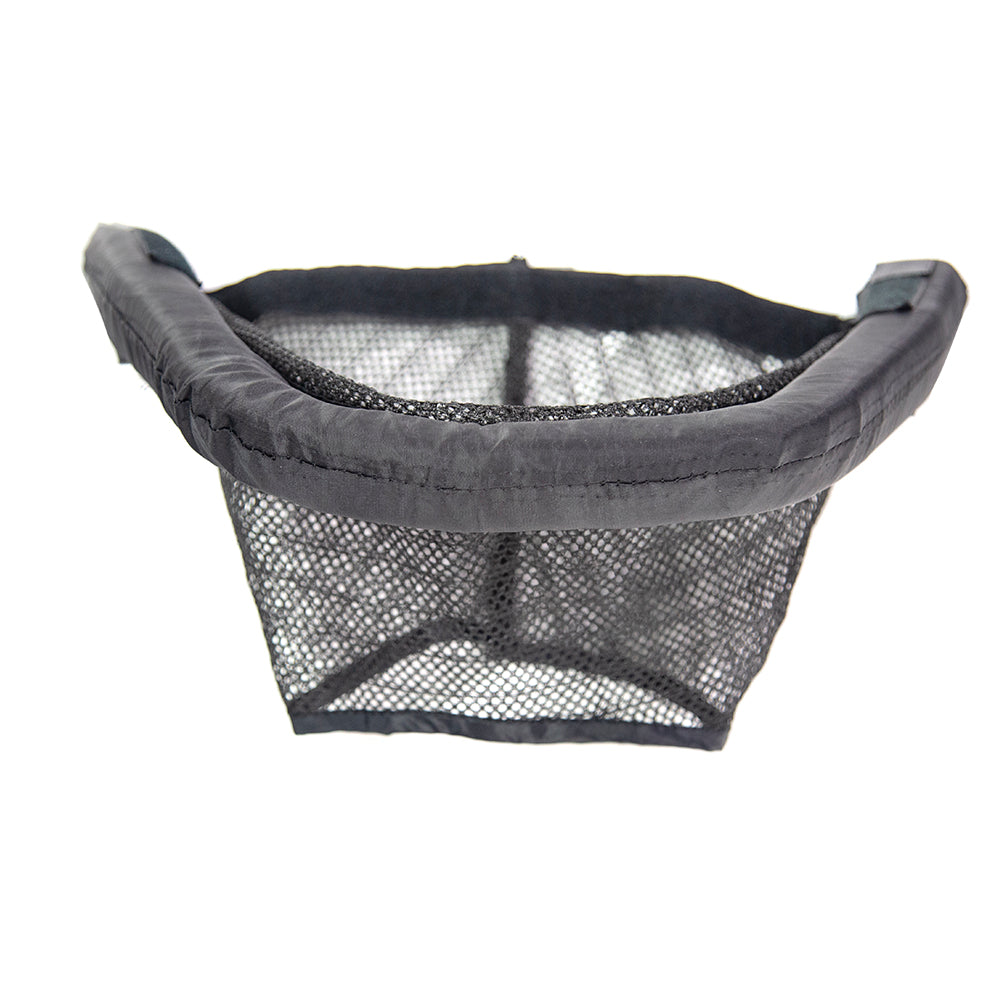 Small, black basketball hoop rim and net. 