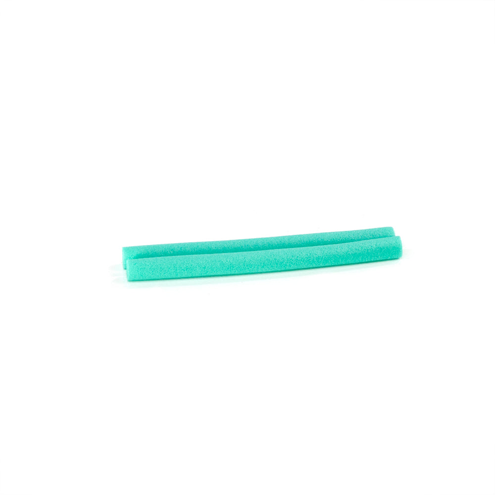 Two pieces of seafoam green 48-inch mini trampoline handrail foam.