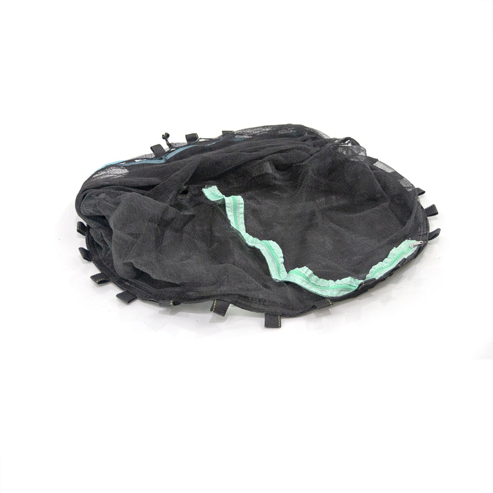 Black jump mat and black enclosure net with sea foam green zipper attached. 