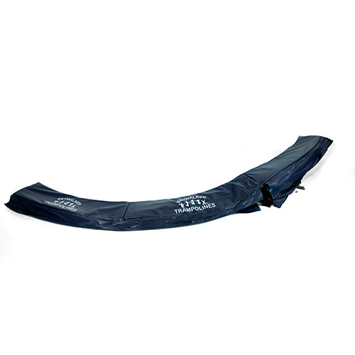 Navy oval trampoline spring pad folded in half. 