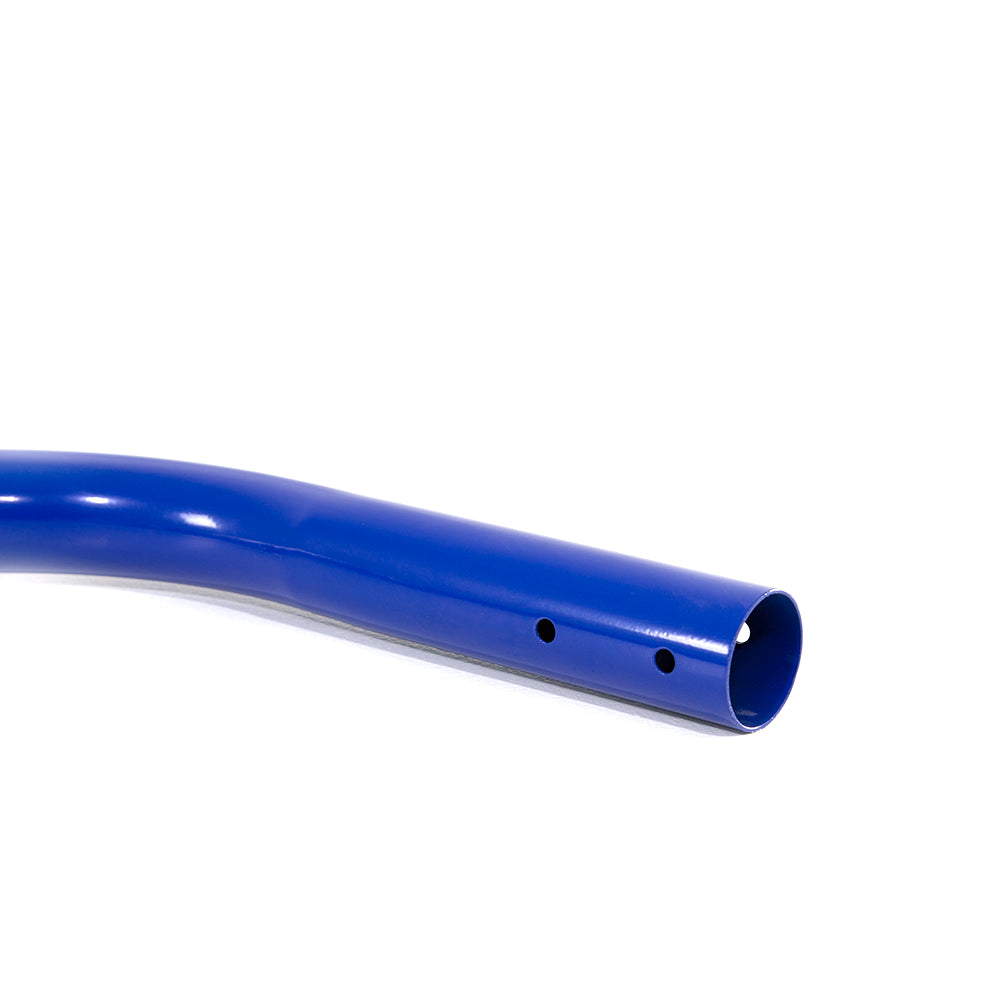 Blue powder-coated steel U-shaped frame.